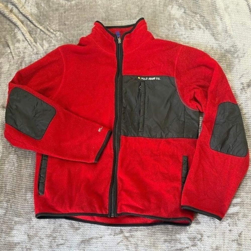 Vintage Polo Jeans Co Ralph‎ Lauren Red Fleece Jacket Mens L Zip Nylon Trim RL.